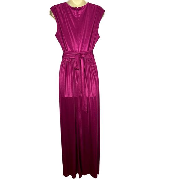Dress The Population Krista Plunge Neck Side Slit Gown Dress Maxi Prom Magenta L - Picture 3 of 12